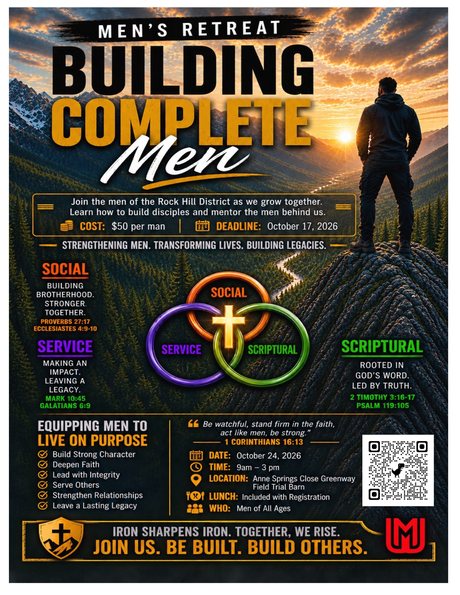 Building Complete Men — Rock Hill District Men's Retreat flyer, October 24, 2026